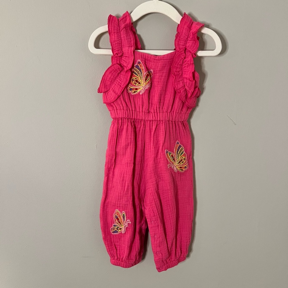 Pink Ruffled Kids Jumpsuit with Butterfly Accents size 12 month NWOT
